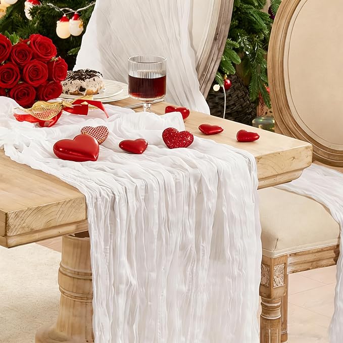 6 Pack White Valentine's Day Table Runner Cheesecloth120 Inch Boho Rustic Gauze 10 FT Cheese Cloth Table Runners Decorations for Spring Birthday Baby Shower Wedding Holiday Home Party Decor