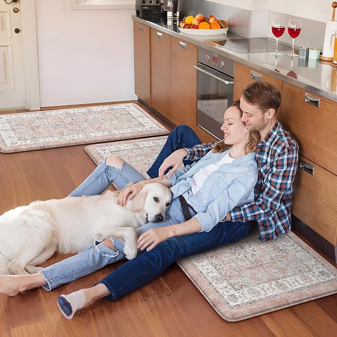 KIMODE Anti Fatigue Mats for Kitchen Floor, Boho Floral Kitchen Rugs Sets of 2, Cushioned Kitchen Floor Mats, Comfort Standing Desk Mat for Sink, Laundry, Desk Pink Multi 17"x29.5"+17" x47”