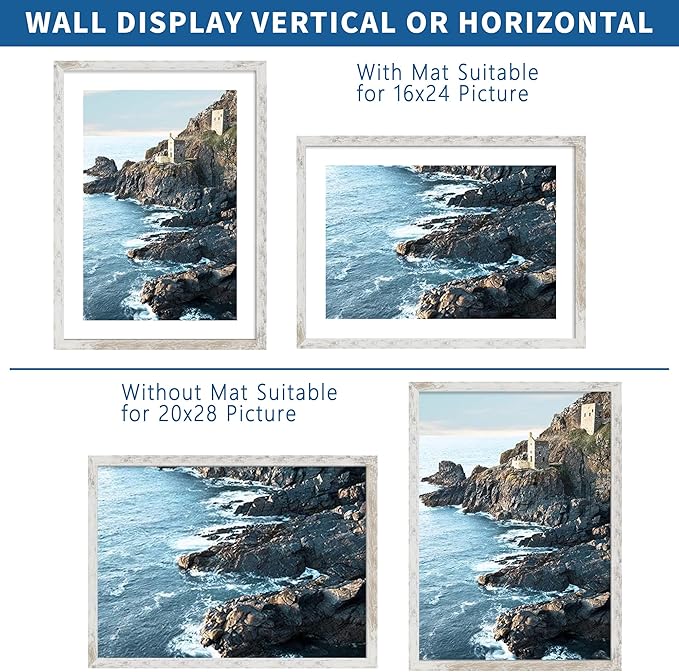 20x28 Picture Frame Set of 2, Distressed White Wood Style - Display 16x24 Picture with Mat or 20 x 28 Poster without Mat, Wall Mounting Horizontal and Vertical