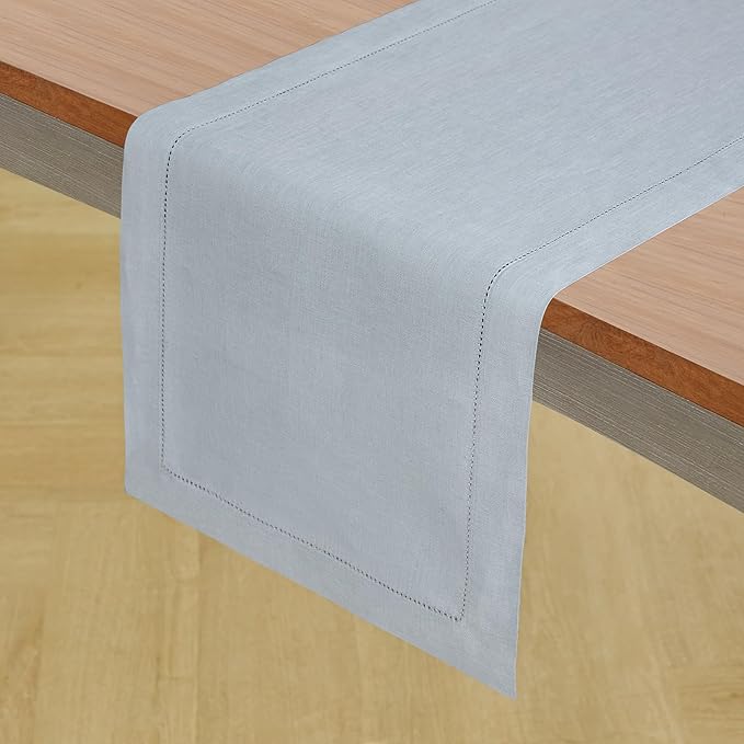 Solino Home Linen Table Runner 144 Inches Long - 100% Pure Linen Dusty Blue Table Runner 14 x 144 Inch for Winter, Spring, Easter - Classic Hemstitch