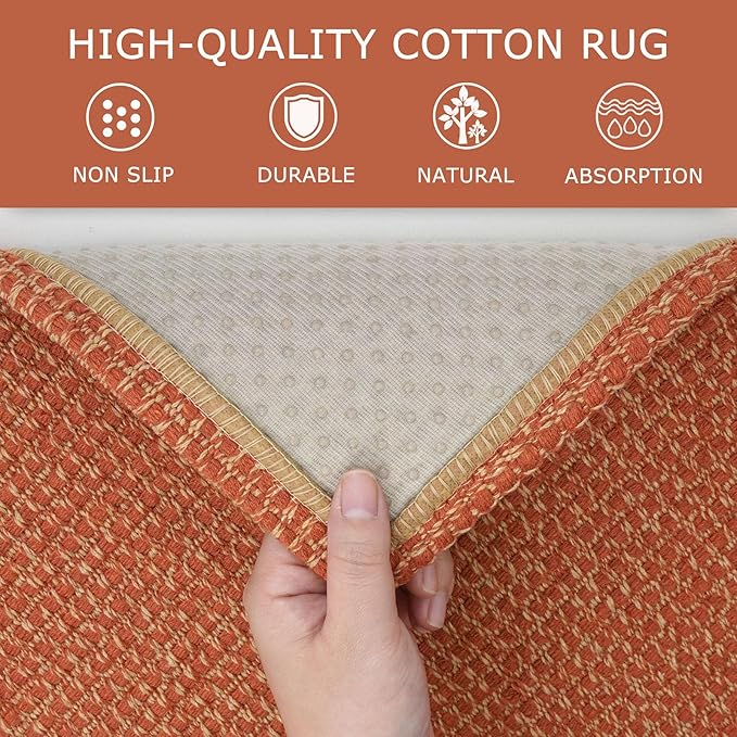 KOZYFLY Long Runners for Hallways 2x12 ft Washable Kitchen Runner Non Slip Rubber Backed Hallway Rugs Cotton Entryway Runner Rug Floor Carpet for Indoor Hall, Backdoor, Kitchen, Orange/Tan