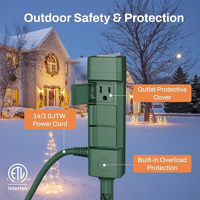BN-LINK 15ft Outdoor Extension Cord Waterproof with Power Stake, 6-Outlet Power Strip Weatherproof, 14/3 SJTW Heavy Duty Power Cord for Outdoor String Lights and Christmas Decorations, ETL