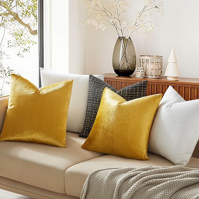 JUSPURBET Golden Velvet Throw Pillow Covers 14x14 Set of 2 for Living Room Couch Sofa Bedroom Decorative Square Solid Soft Cushion Cases with Invisible Zipper