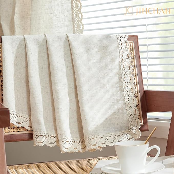 jinchan Linen Curtains for Living Room Bedroom Light Filtering Semi Sheer Curtains Boho Farmhouse French Country Cottage Core Decor Window Drapes Back Tab 90 Inch Length Laced Beige