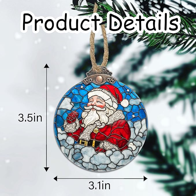 Stained Glass Christmas Decorations, Santa Claus in The Clouds Suncatcher for Window Christmas Tree Hanging Ornaments White Sun Catcher Xmas Decor Gifts for Women Men Mom Nana Friend