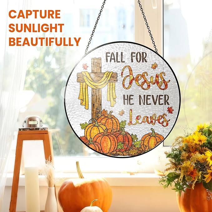 FLAGWIX Fall Decorations for Home - Stained Glass Window Hanging 8in - Christian Sun Catchers Indoor Window, Fall Gifts for Women Men, Thanksgiving Decorations Sun Catcher, Christian Gifts for Mom Dad
