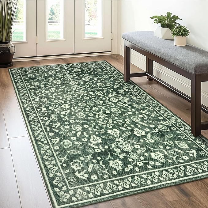 Vintage 3x5 Washable Rug for Entryway, Super Soft Forest Green Entryway Rug Non-Slip, Printed Faux Wool Floral 3x5 Area Rug Thin Floor Carpet for Kitchen, Bedroom, Office, Living Room