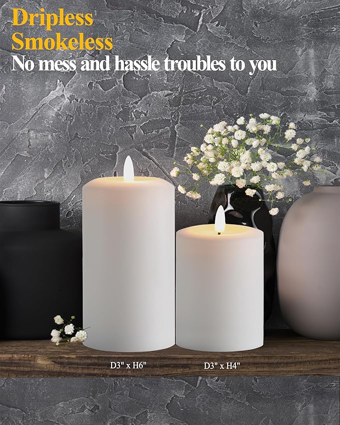 3"x6" Flickering Flameless Candles with Remote Timer, Real Wax, White Pillar Candles, Set of 3 Large LED Battery Operated Candles for Home, Fireplace, Centerpiece, Rustic and Farmhouse Decor