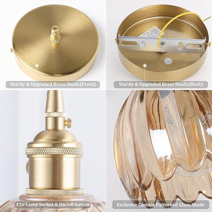 Pendant Light 2 Pack with Amber Tulip Glass Lmapshade, Brass Vintage Pendant Light Adjustable Hanging Light for Kitchen Island Dining Room Hallway