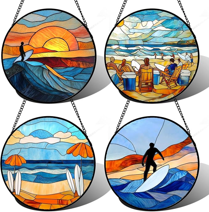 Stained Glass Window Hanging 4 Pcs Set Blue Ocean Surfing Beach 7.8" - Suncatcher Door Garden Sun Catcher Decor Birthday Mother's Day for Firefighte Men Woman Nana Mom