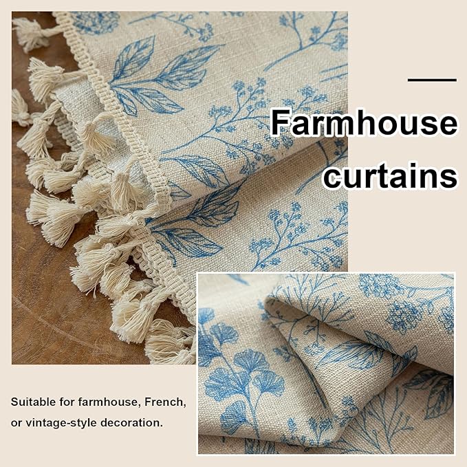 OYX French Beige and Blue Floral Curtains 96 Inch Long 2 Panels for Living Room, Navy Flower Patterned Light Filtering Farmhouse Drapes for Bedroom, Vintage Rustic Country Rod Pocket WindowTreatments