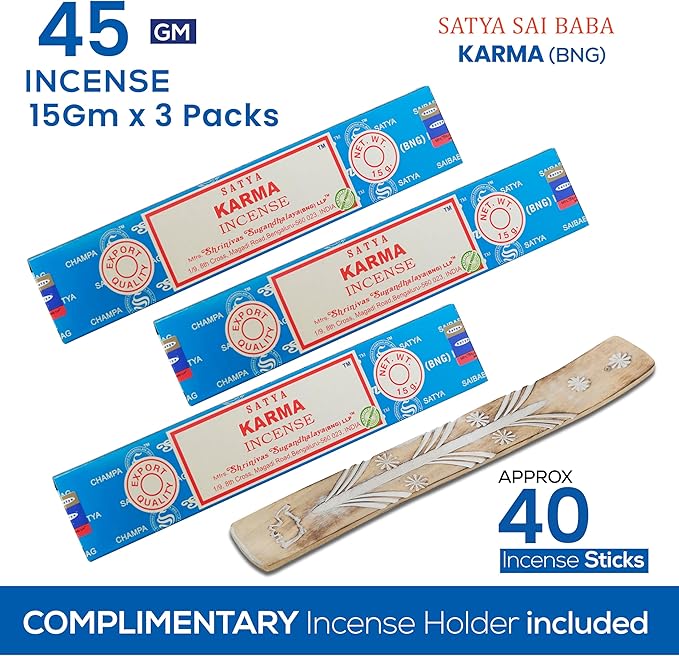 Satya Karma Incense Sticks, Satya Bng (Bangalore) Insenses 15gmx3 Pack with Raajsee Incense Holder Bundle, Satya Nagchampa Natural Incense
