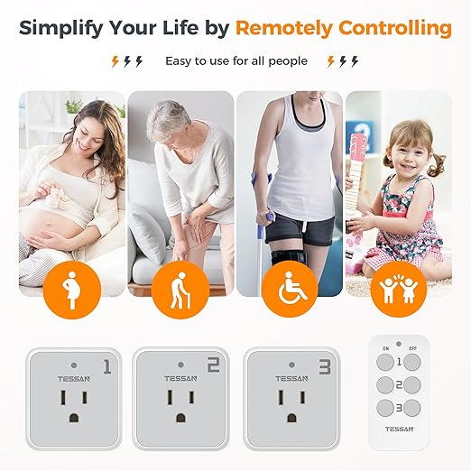Remote Control Outlet Plug, TESSAN Wireless Light Switch Kit Indoor for String Lights, Lamps, Home Small Appliances, Wireless Power Socket 100ft RF Range, 15A/1875W (1 Remote and 3 Outlets)