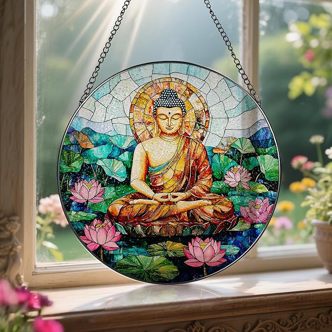 8-Inch Buddha Stained Glass Suncatcher & Ornament, Stained Glass Window Hanging, Sun Catcher Window Decor, Namaste Decor — Gifts for Buddhist & Yoga Lover, Gifts for Christmas, Birthday & Housewarming