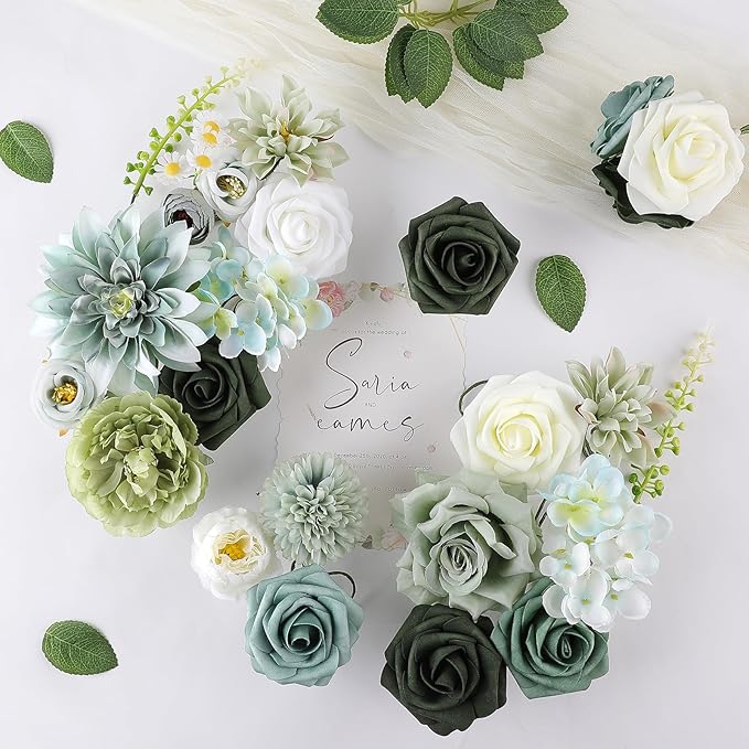AmyHomie Forest Sage Green White Artificial Flowers Combo Silk Rose Fake Flowers w/Stem for DIY Wedding Bouquets Centerpieces Arrangements Table Decor Party Bridal Baby Shower Christmas Decorations