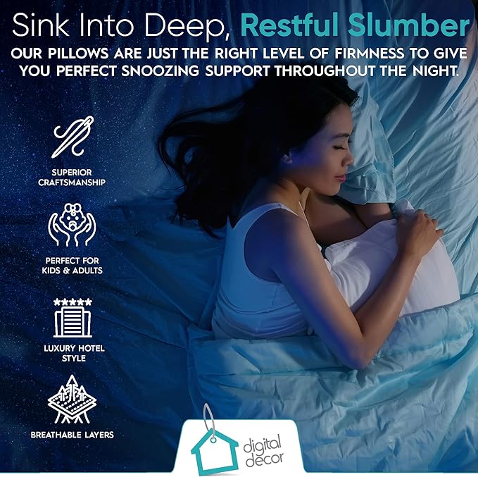 Digital Decor Premium Hotel Pillows, Made in USA Hypoallergenic Down‐Free Pillows with 100% Cotton Cover, Medium Firm Support for All Sleepers, Includes 2 Free Pillowcases, Set of 2, Standard 20"x26"