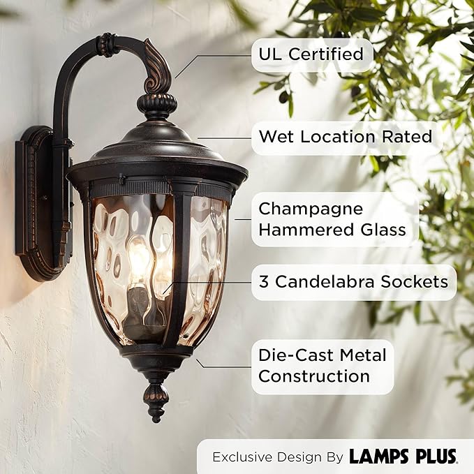 John Timberland Bellagio Vintage Outdoor Wall Light Fixture Bronze Brown Metal 20 1/2" Champagne Hammered Glass Curved Arm for House Porch Patio Outside Deck Garage Yard Front Door Garden Home