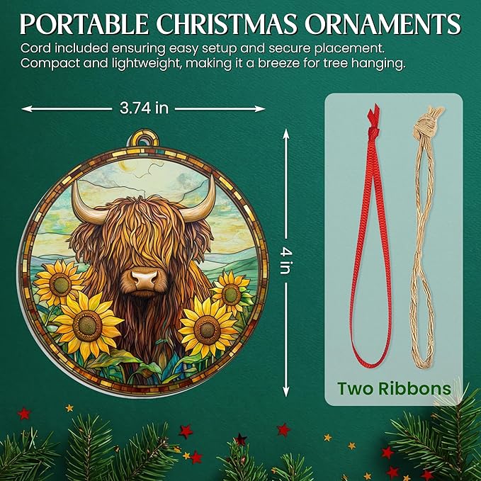 GEEMBI Christmas Highland Cow Gifts for Women Men - Suncatcher Ornaments for Tree 2025 - Highland Cow Ornaments for Christmas Tree, Animal Lover Gifts for Mom Dad, Farmhouse Decor Xmas Decorations