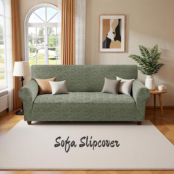 YEMYHOM 1 Piece Stretch Couch Covers for 2 Cushion Couch, Jacquard Loveseat Cover with Non-Slip Elastic Bottom, Thickened Slipcover Furniture Protector for Dogs Pets (Medium, Army Green）