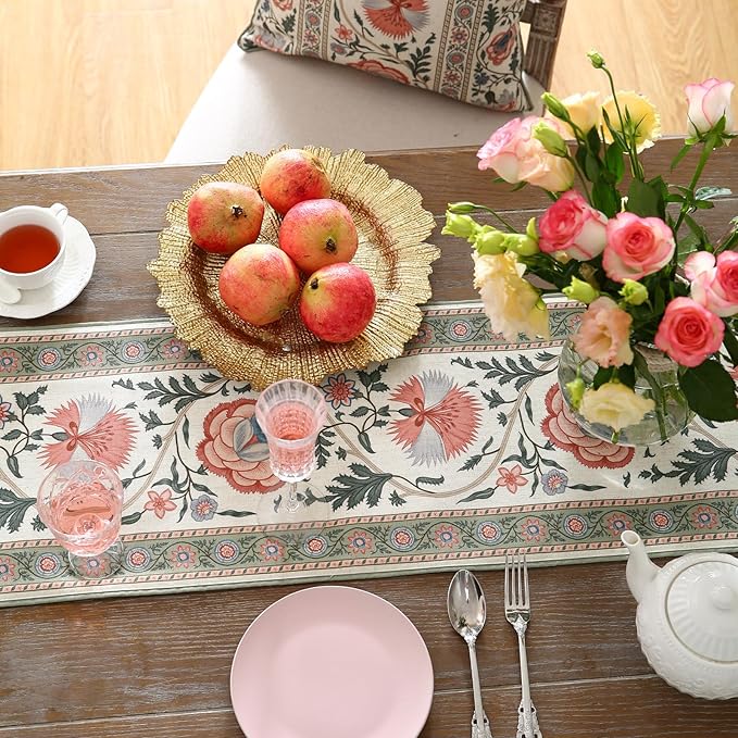 ISAENNE Designer Vintage Linen Table Runner 102 Inches Long,Elegant Floral Pattern Wrinkle Resistant Table Runners for Dining Tables,Thanksgiving,Kitchen Tables,Christmas,12"*102"-Daffy B