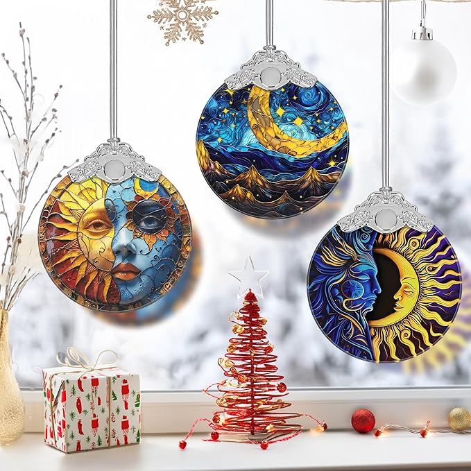 Retro Moon Star Ornament, Christmas Ornaments, Christmas Decorations for Tree, Stained Glass Ornament, Heirloom Keepsake, Gift Exchange, Gift Ideas, Bauble Present