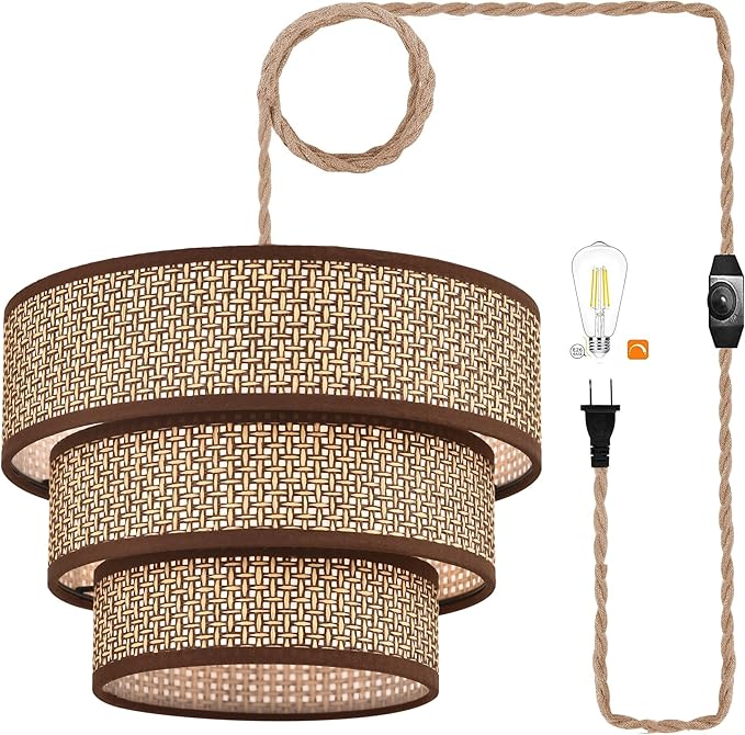 XININSUN Rattan Plug in Pendant Light Boho Wicker Lampshade Hanging Lights with Plug in Cord Plug in Chandelier for Bedroom Kitchen Dining Room Island