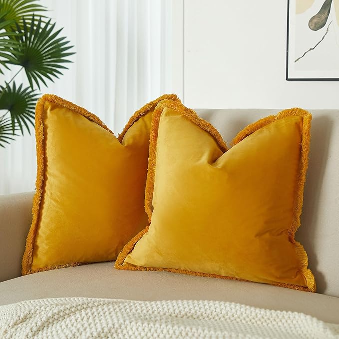 JUSPURBET Gold Decorative Velvet Fringe Throw Pillow Covers 26x26 Set of 2 Boho Soft Cushion Case for Home Decor Living Room Couch Sofa Bed