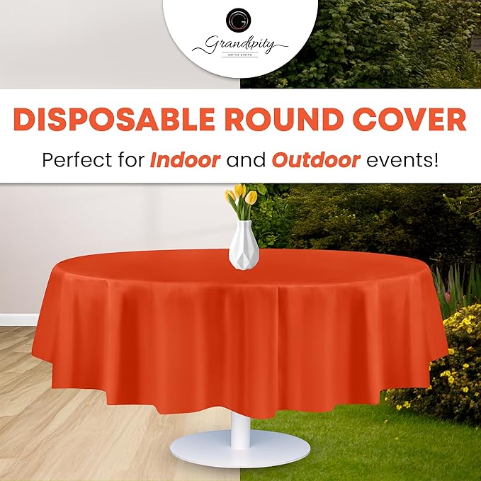 Grandipity 12 Pack Premium Disposable Plastic Tablecloth 84" Inch Decorative Round Table Cover - Orange