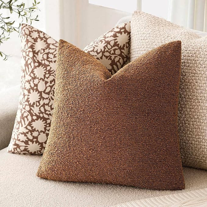 Foindtower Pack of 2 Textured Boucle Throw Pillow Covers Accent Solid Pillow Cases Cozy Soft Decorative Couch Cushion Case for Chair Sofa Bedroom Living Room Home Decor 18x18 Inch Hazel Brown