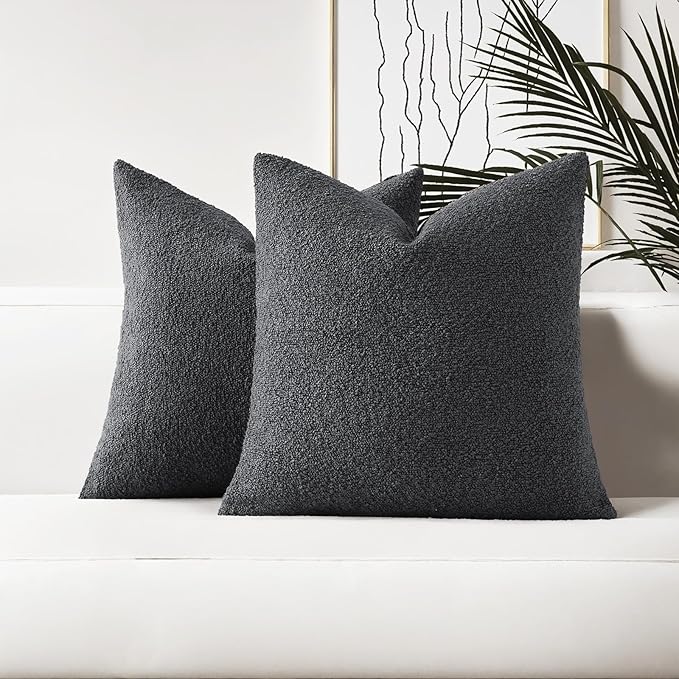 HAUSSY Set of 2 26x26 Decorative Throw Pillow Covers, Soft Cozy Euro Pillow Shams Textured Boucle, Home Decor for Couch Bed Living Room, Dark Grey