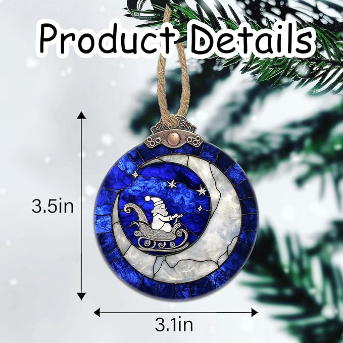 Stained Glass Christmas Decorations, Santa Claus On The Moon Suncatcher for Window Christmas Tree Hanging Ornaments Blue White Sun Catcher Xmas Decor Gifts for Women Men Mom Nana Friend