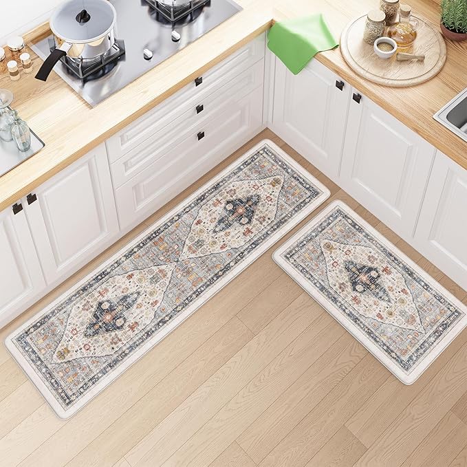 Collive Farmhouse Anti Fatigue Kitchen Mat, Cushioned Kitchen Rug Sets of 2 Waterproof Non Slip Kitchen Floor Mats Ergonomic Comfort Standing Mat for Laundry, Office, Sink, Desk, Blue/Multi