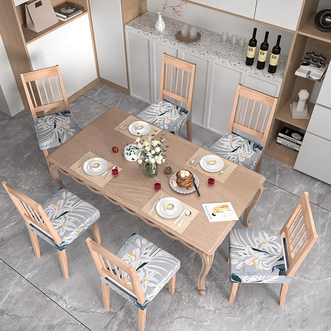 Stretch Dining Chair Seat Covers Set of 4,Dining Chair Slipcovers, Floral Printed Chair Covers,Soft Fabric Washable Upholstered Chair Seat Protector, No Rear Covers for Home Kitchen Dining Room