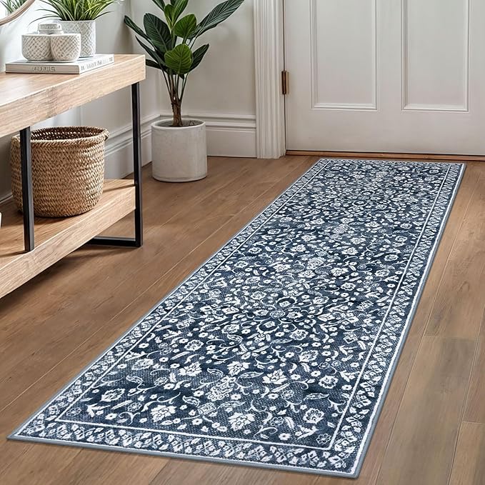 Vintage Washable Runner Rug 2x6, Navy Runners for hallways, Super Soft Kitchen Runner Rug Non Slip, Printed Faux Wool Floral Thin Carpet Runner for Entryway Laundry Room Bedroom