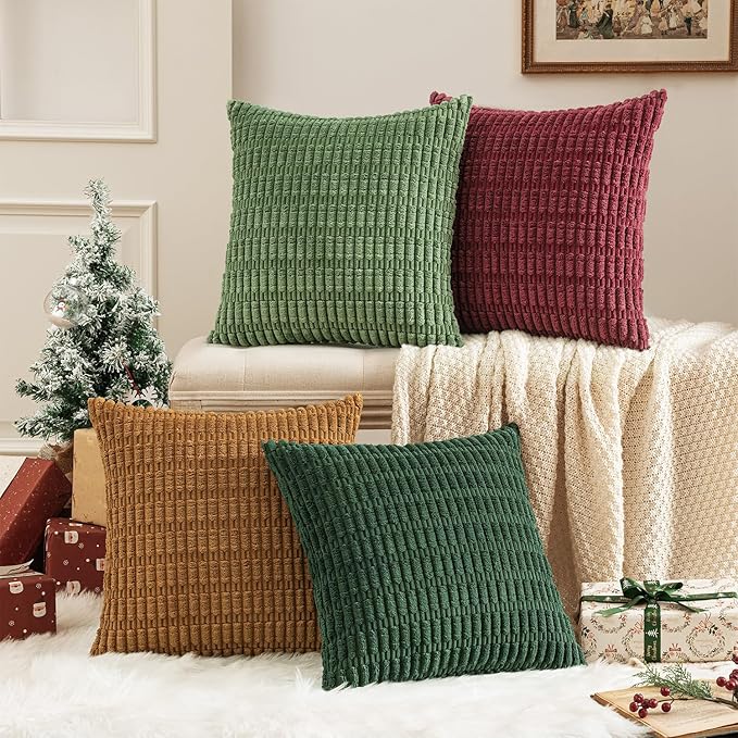 MIULEE Soft Corduroy Throw Pillow Covers Set of 4 Christmas Green 18x18 Inch Modern Farmhouse Boho Decorative Accent Cushion Covers for Couch Sofa Bedroom