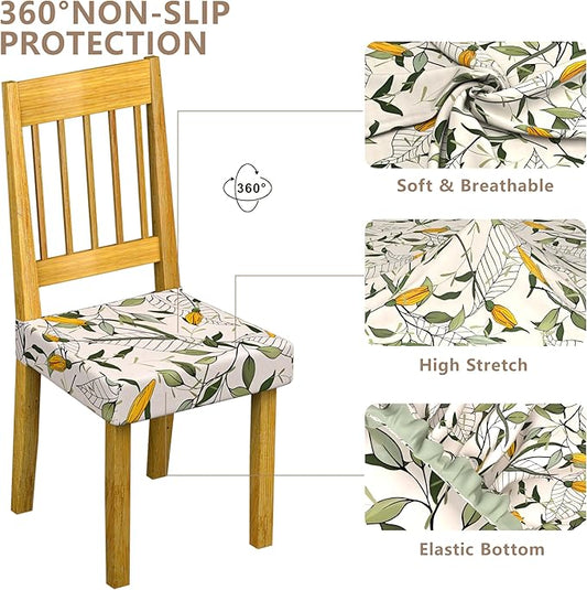 Stretch Dining Chair Seat Covers Set of 6,Dining Chair Slipcovers, Floral Printed Chair Covers,Soft Fabric Washable Upholstered Chair Seat Protector, No Rear Covers for Home Kitchen Dining Room