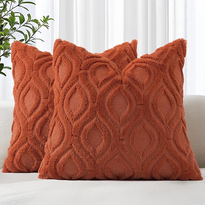 decorUhome Throw Pillow Covers 20x20 Inch Set of 2, Soft Plush Faux Wool Rust Solid Couch Pillow Covers, Accent Farmhouse Neutral Square Pillow Cases for Sofa Bed Living Room