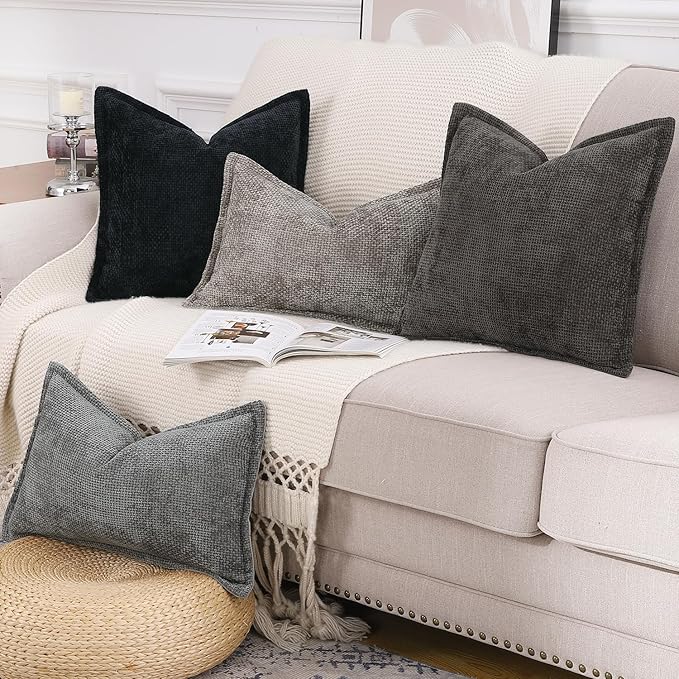 MADIZZ Chenille Velvet Throw Pillow Covers with Flange Set of 2 Super Soft Boho Textured Pillow Covers Decorative Throw Pillowcases Modern Farmhouse Home Decor for Sofa Bedroom Dark Taupe 12x20 Inch