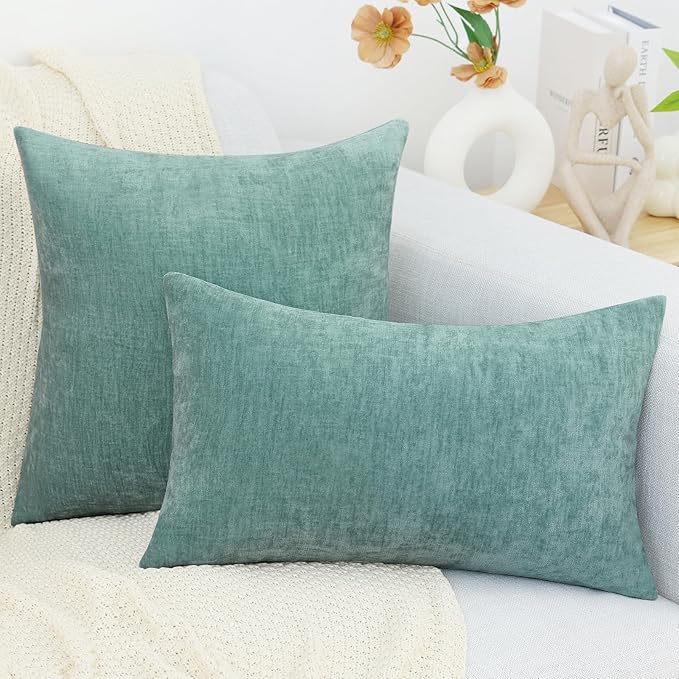 decorUhome Chenille Aqua Haze Throw Pillow Covers 18x18 Inch Set of 2, Decorative Soft Couch Pillow Covers Solid Dyed Accent Velvet Farmhouse Neutral Square Pillow Cases for Sofa Bed Living Room