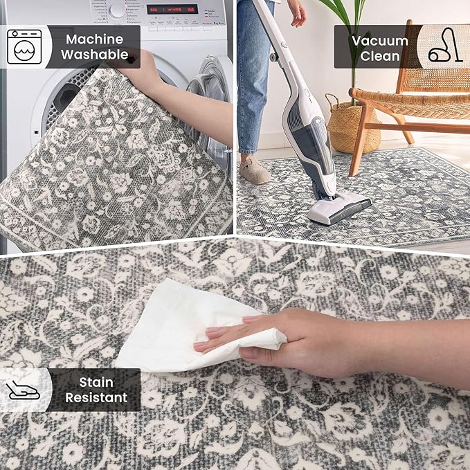 Vintage Washable 2x5 Rug Runner, Gray Ivory Runners for hallways, Super Soft Kitchen Runner Rug Non Slip, Print Faux Wool Floral Thin Carpet Runner for Entryway Indoor Bedroom