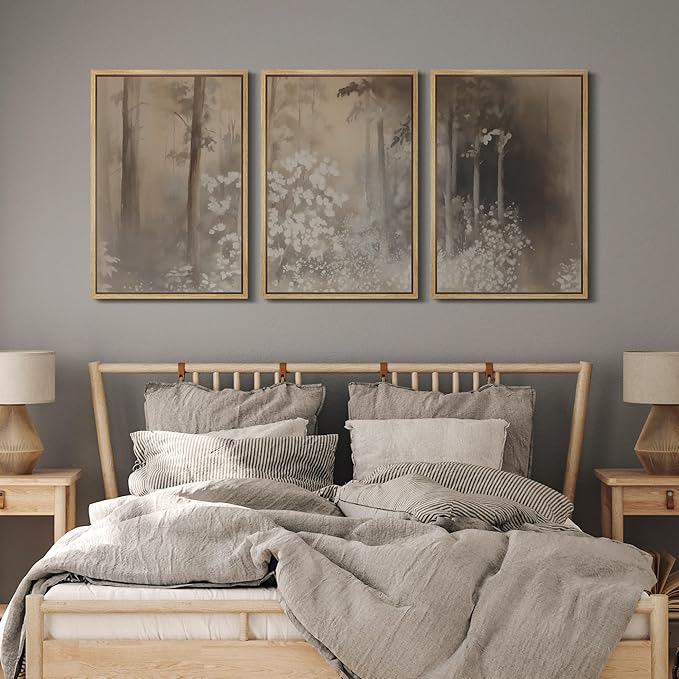 MUDECOR Framed Wall Art Print Set Neutral Forest Landscape Beige and Gray Watercolor Illustrations Realism Decorative for Living Room, Bedroom, Office - 24"x36"x3 Natural