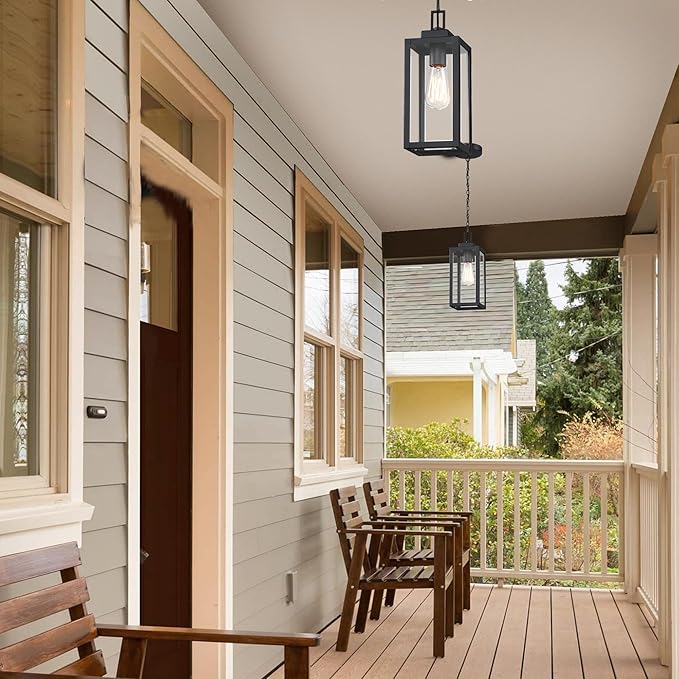 13 Inch Outdoor Pendant Lights for Porch-Ceiling Mount Exterior Pendant Lights Steel and Glass Outdoor Porch Hanging Light for Hallway Entrance Gazebo, E26