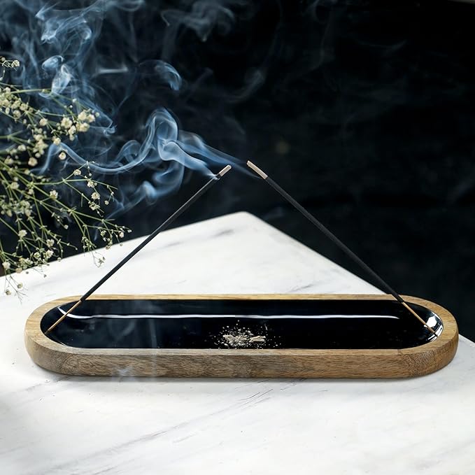 The Art Box Hand-Painted Incense Burner Holder Black - 12x4x1 inch Wooden Long Incense Stick Tray Holder for Modern Gift, Ash Catcher Incense Stick Holder - Meditation & Yoga