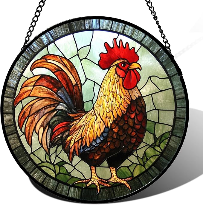 Stained Glass Window Hanging - Rooster Suncatcher for Doors Garden Patio Retro Colored Chicken Sun Catchers Decor Christmas Mother's Day Birthday Gifts for Women Men Mom Nana Friend 11.8 in