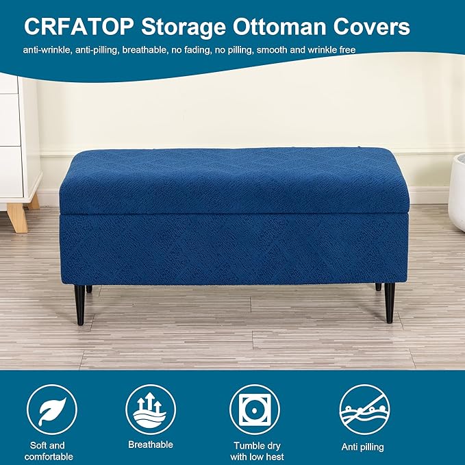 CRFATOP Jacquard Rectangle Ottoman Stool Cover Stretch Folding Storage Footstool Bench Slipcovers Upholstered Foot Chest Chair Covers Washable Entryway Furniture Protector with Elastic Bands,M,Navy