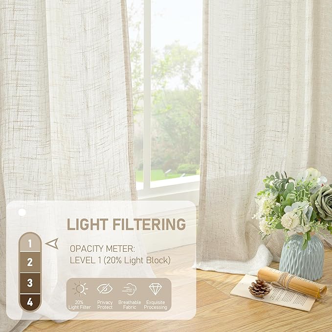 LAMIT Natural Linen Semi Sheer Curtains 48 Inch for Bedroom, Light Filtering Neutral Window Curtains Farmhouse Boho Back Tab and Rod Pocket Panels, Natural Cream Ivory, 2 Panels, 52 x 48 Inch