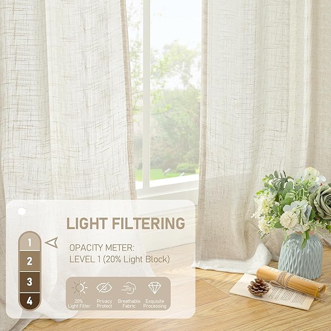 LAMIT Natural Linen Semi Sheer Curtains 78 Inch for Bedroom, Light Filtering Neutral Window Curtains Farmhouse Boho Back Tab and Rod Pocket Panels, Natural Cream Ivory, 2 Panels, 52 x 78 Inch