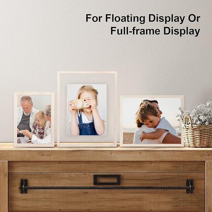 Egofine 6x8 Floating Frames Set of 2, Double Plexiglass Picture Frame, Made of Solid Wood Display Any Size Photo up to 6x8, Wall Mount or Tabletop Standing, Beige