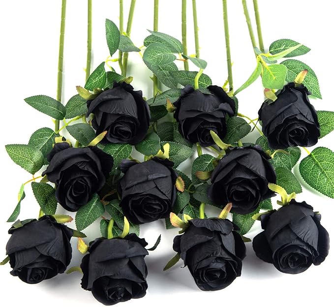Flojery 10pcs Artificial Rose Flowers Long Stem Fake Silk Roses for DIY Wedding Bouquet Table Centerpiece Home Decor (Black)