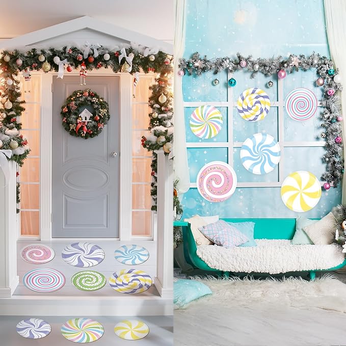 16 Pcs Large Peppermint Christmas Floor Decals Removable Pastel Candy Christmas Floor Stickers Xmas Wall Decals for Home Counters Party Decorations(Pastel,Cute)